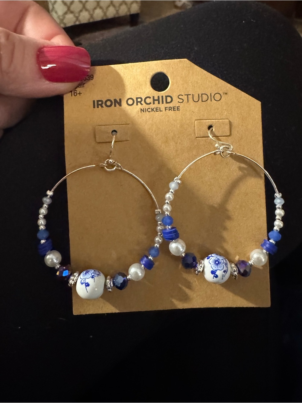 Blue & White Beaded Hoop Earrings